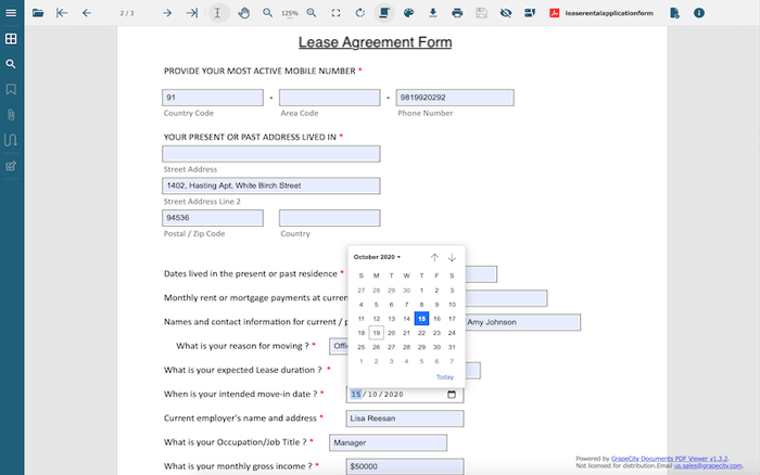 Example lease form using GcExcel .NET Excel Library and GcPdfViewer to add, fill and submit custom HTML5 controls by GrapeCity