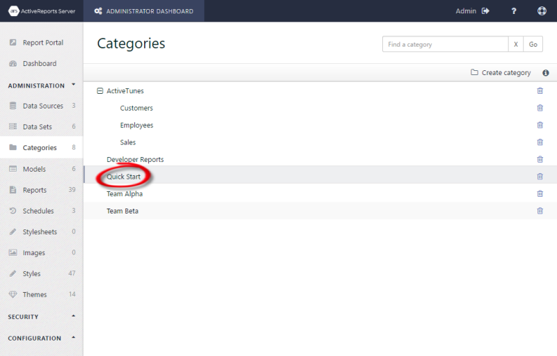 The Categories page with the new Quick Start category circled
