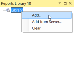 Reports Library window showing context menu for adding report parts