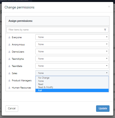 The Change Permissions dialog where you can set permissions to a report for each role.