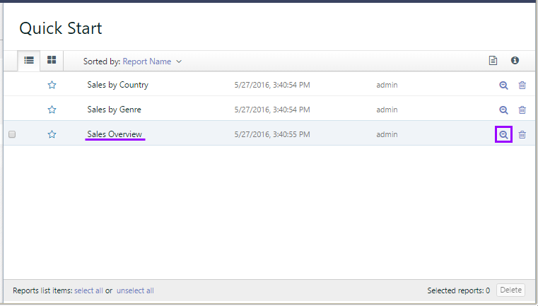 Shows the report list with the Preview button for one of the reports highlighted.