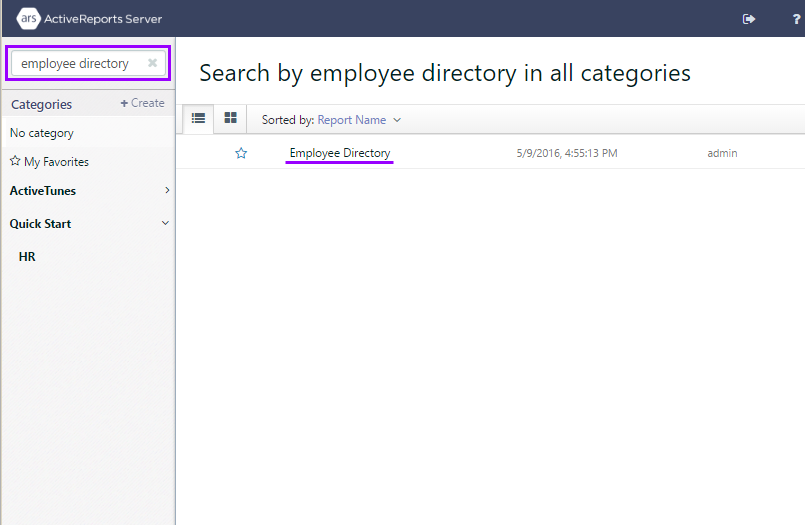 Report Portal showing search results for employee directory in all categories.