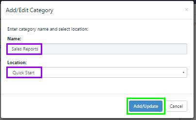 The Add/Edit Category dialog with the Name and Location settings highlighted and the Add/Update button highlighted.