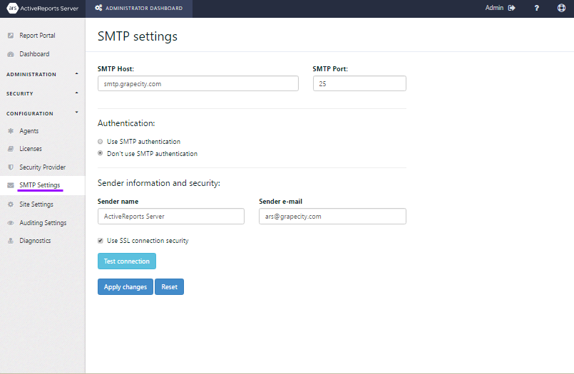 Administrator Dashboard open to the SMTP Settings page with SMTP Host set to smtp.grapecity.com, SMTP Port set to 25, Authentication set to Don't use SMTP, Sender name set to ActiveReports Server, and Sender e-mail set to ars@grapecity.com.