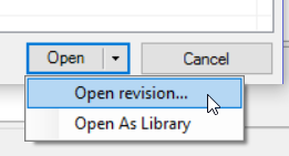 Open report from server dialog showing the Open Revision option.