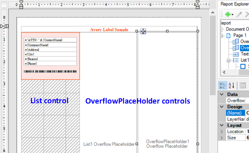 List control and two OverflowPlaceHolder controls arranged as three columns in a Page report.