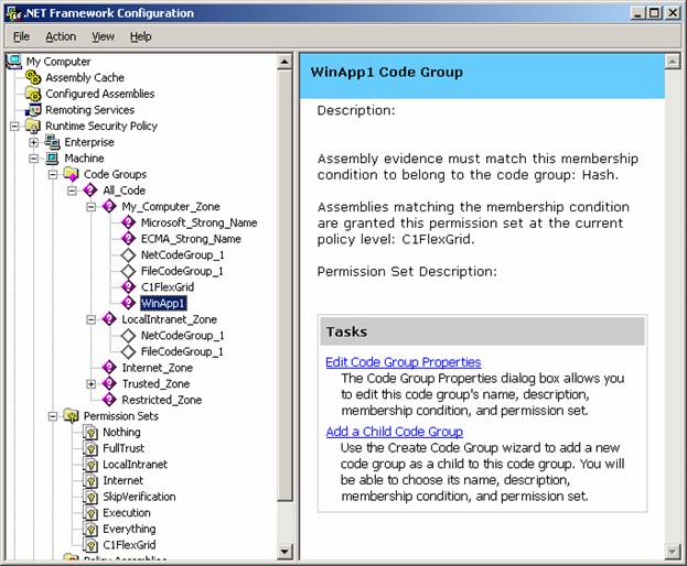 Figure 5: Security Policy with new Code Groups and Permission Sets