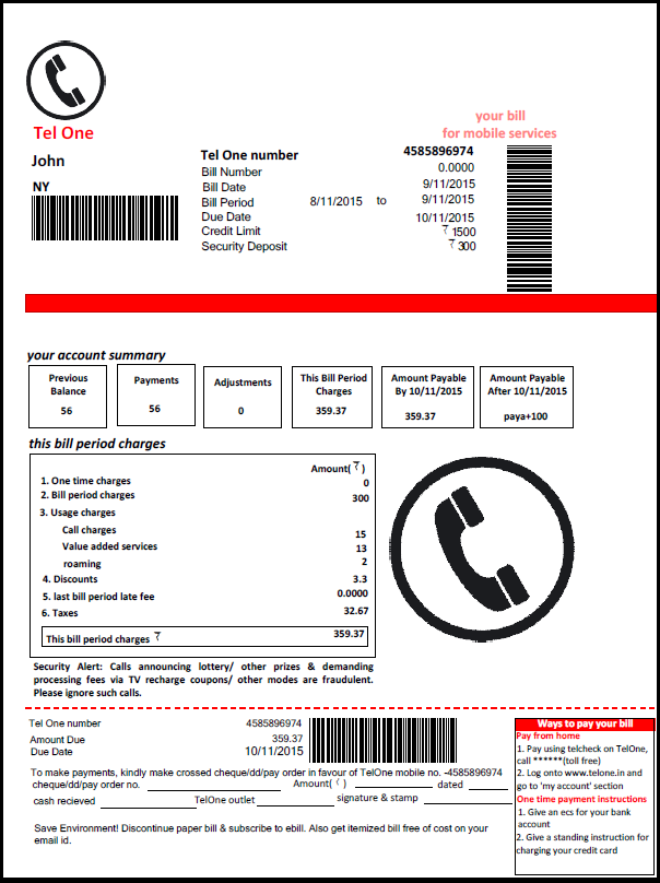 bsnl telephone bill format