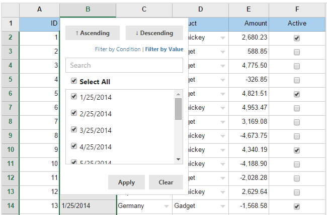 Excel style column filtering