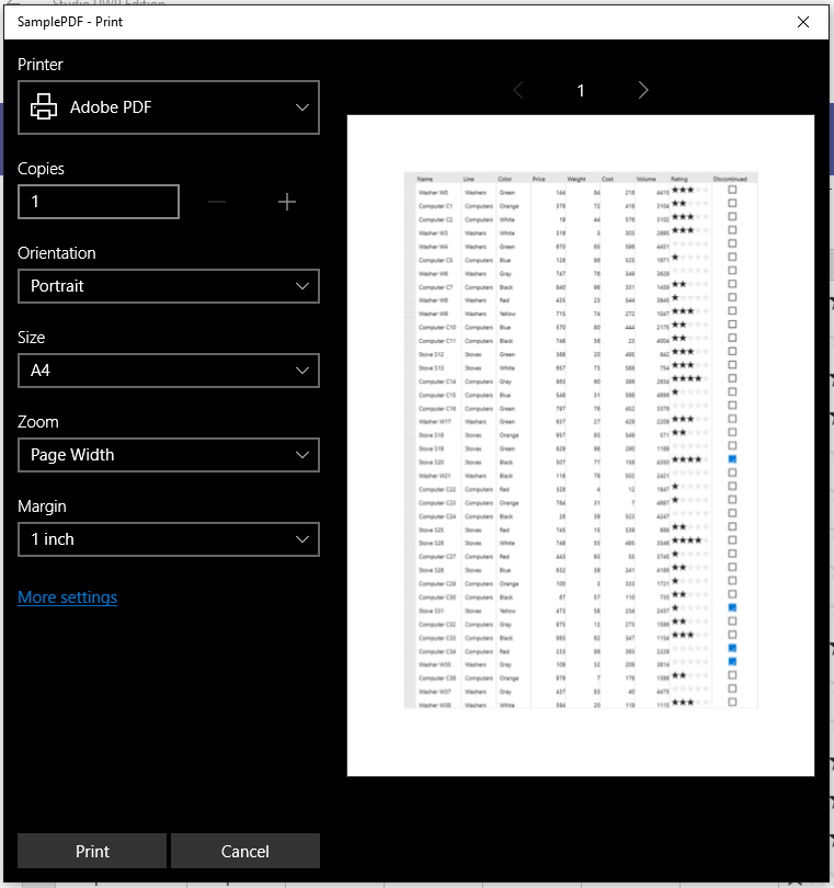 Print to PDF or printer from your UWP Data Grid