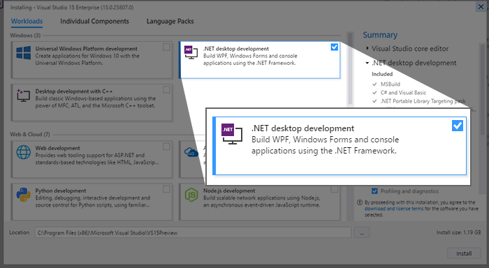 microsoft visual studio 2017 install projects