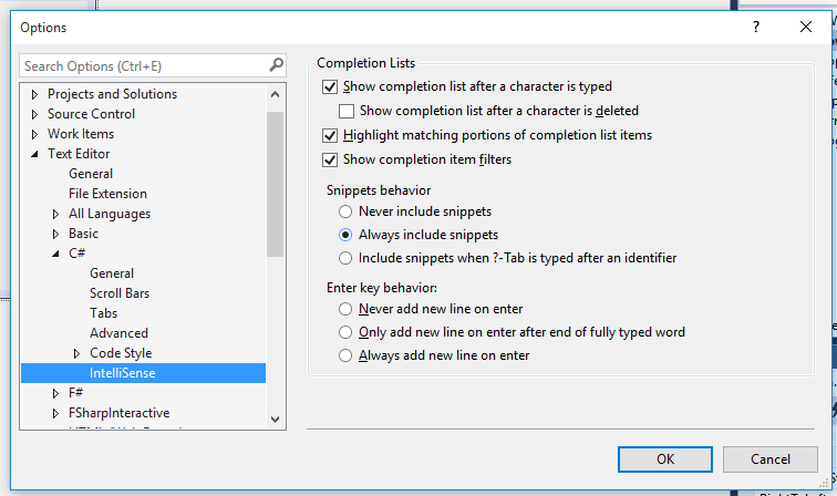 visual studio 2015 intellisense complete when press enter