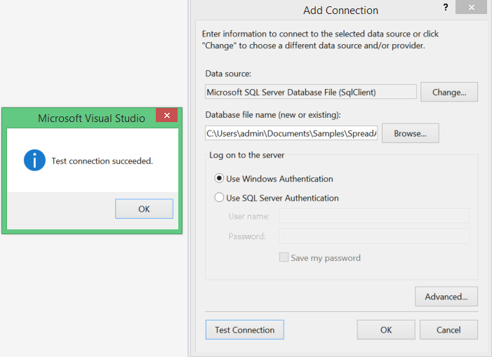 The Add Connection window in Visual Studio