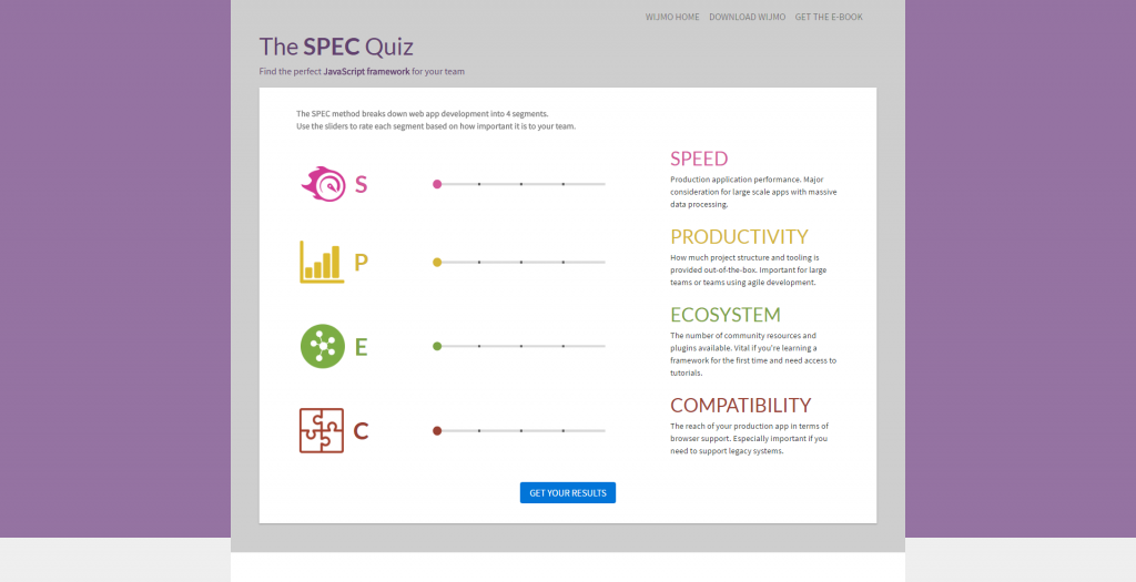 The SPEC online quiz, designed to help you choose the perfect JavaScript framework for your team.